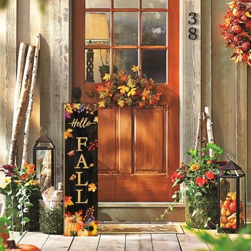 Hello Fall Porch Sign for Front Door, Autumn Wooden Welcome Sign with Maple Leaves Pumpkin for Front Porch Decorations, Fall Garden Decor Outdoor Hanging Signs Wall Sign 31.5"H - Image 7