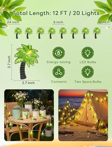 12Ft Summer Beach Hawaiian String Lights - 20 LED Palm Tree Lights for Luau Pool Decor, Hawaii Theme Summer Outdoor Indoor Tropical Party Decorations - Image 5