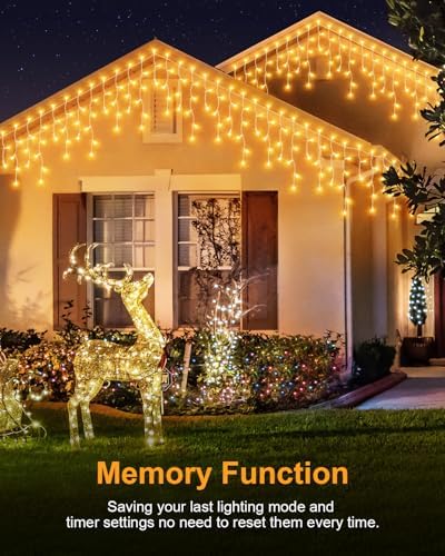 Christmas Lights Outdoor, 53 FT 486 LED Christmas Light for Outside, Timer & Memory, Plug in 8 Modes Hanging Fairy Light with 108 Drops for House Eaves Yard Patio Holidays Decorations, Warm White - Image 4