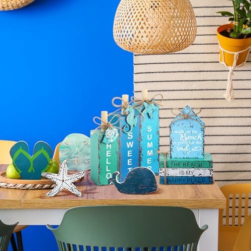 Vercraft 11 Pcs Summer Beach Table Decorations Ocean Tiered Tray Decor Summer Centerpiece Decorative Wood Books Table Top Decor Starfish Wooden Sign for Home Party Supplies (Ocean) - Image 6