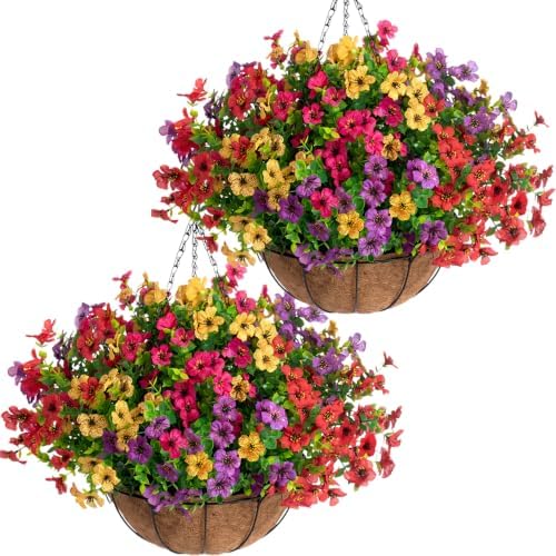 Jasion 2 Set Artificial Outdoor Flowers Hanging Basket Mix Color by Jasion