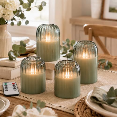 Lezonic Green Glass Flameless Candles with Remote, Set of 4 Dancing Flame LED Pillar Candles, Real Wax Battery Operated Candles with 2/4/6/8H Timer, Fall Halloween Thanksgiving Christmas Decor - Image 2