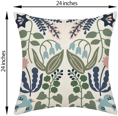 Navy Blue Boho Pillow Covers 24x24 Inch 2 Pcs Sage Green Floral Decor Throw Pillows Vintage Flower Seasonal Spring Summer Outdoor Decoration Pillowcase Linen Cushion Cover for Couch Sofa - Image 6