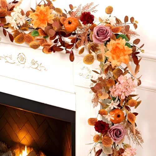 6FT Fall Garland for Mantle, Pumpkin Dahlia Garland Fall Decor by Waipfaru