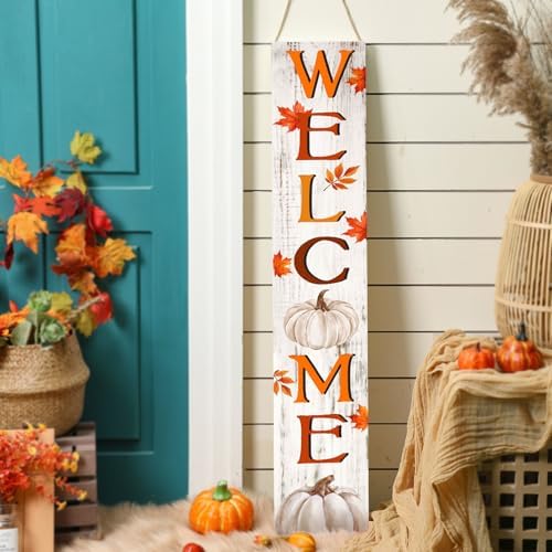Fall Welcome Porch Sign for Front Door 47" Outdoor Autumn Welcome Sign for Front Porch Maple Leaf Pumpkin Sunflower Home Decor Farmhouse Vertical Holiday Decor for Yard Home Hanging Garden - Image 2