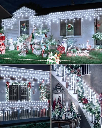 106 FT Christmas Lights Outdoor, 972 LED Waterproof Outside Christmas Lights Plug in, Connectable 8 Modes Hanging Fairy Lights with 216 Drops for House Eaves Yard Patio Wedding Decoration, Cool White - Image 6