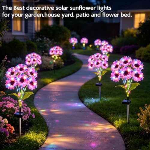 Solar Sunflower Lights Outdoor Garden Decor, 4 Pack Solar Multicolor Flowers Lights with 18 Sunflowers, Waterproof Fall Decor Stake Decorative Light Auto ON/Off for Garden Yard Patio, Gift for Women - Image 5