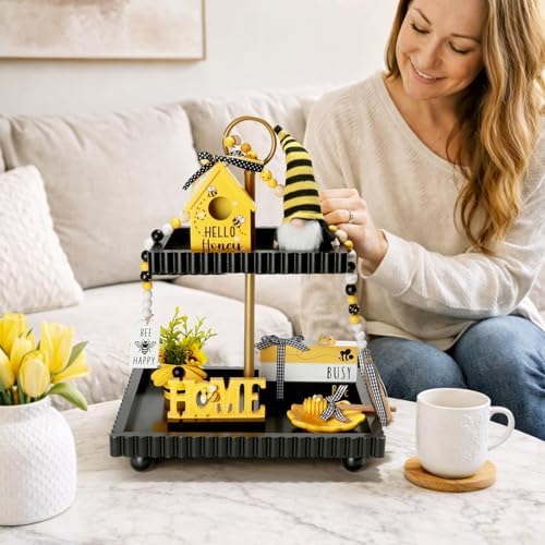 Spring Decorations for Home 8 Pcs Summer Bumble Bee Tiered Tray Decor Set - Image 7