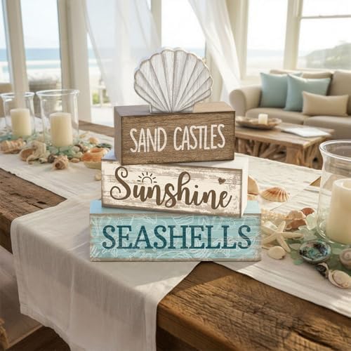 Yuntau 4 Pcs Summer Decorations for Home Beach Block Sign Seashell Display - Image 6