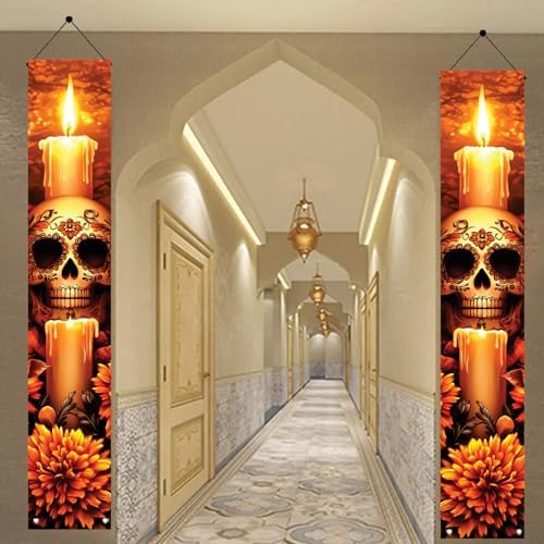 2PCS Day of The Dead Porch Banners 71 x 12 Inch Dia de Los Muertos Candle Skull Decorations Heart Eyes Sugar Skull Marigold Flower Hanging Signs for Halloween Mexican Festival Wall Decor - Image 5