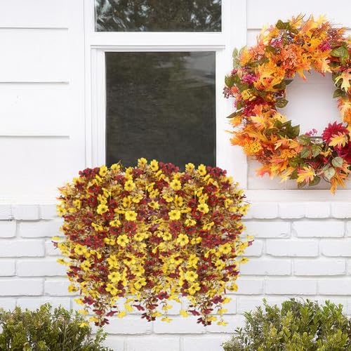 4 Pcs Artificial Mums for Outdoors Fall Hanging Flowers Decorations Faux Silk Daisy Flowers Outside Autumn Burgundy Yellow Faux Mums for Outdoor Planters Home Indoor Porch Yard Decor - Image 3