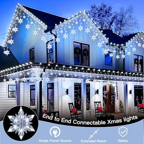 Snowflake Christmas Lights Outdoor, 8.2ft 144 LED Connectable Xmas String Light Plug in, Hanging Icicle Lights for House, Eaves, Outside, Window, Roof, Yard, Fence Decor, White - Image 2