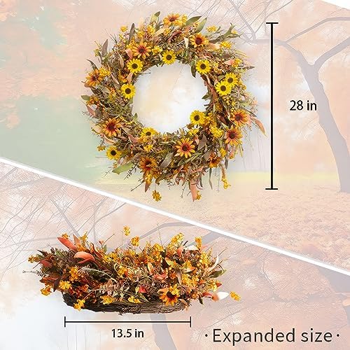 JINGHONG Large Fall Wreaths for Front Door 28 Inch Artificial Floral Wreath with Colorful Daisies and Autumn Foliage Fall Autumn Wreath for Front Door Wall Window and Thanksgiving Decor - Image 2