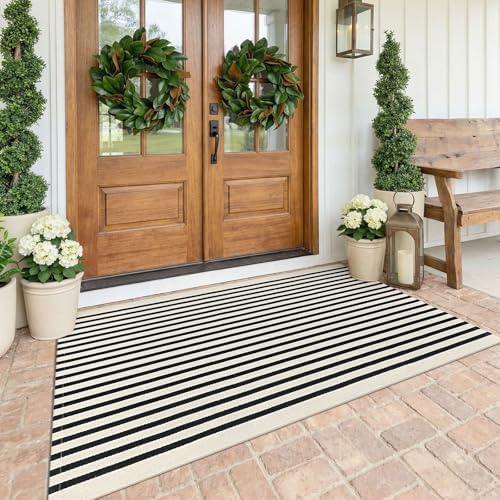 KOZYFLY Striped Rug 4x6 ft Cotton Woven Front Door Rugs, Beige and Black by KOZYFLY