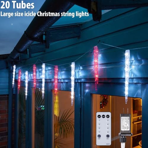 TWINKVILLA Red and White Icicle Christmas Lights - Outdoor & Indoor Hanging with 20 Large Tubes, 29FT 8 Modes with Timer, Connectable Meteor Shower Lights for Candy Cane Theme Decoration - Image 2
