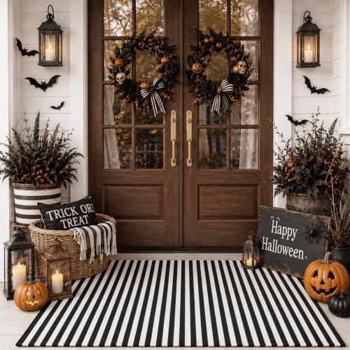 Moucuny Halloween Black and White Vertical Stripe Outdoor Rug 3' X 5' by Moucuny