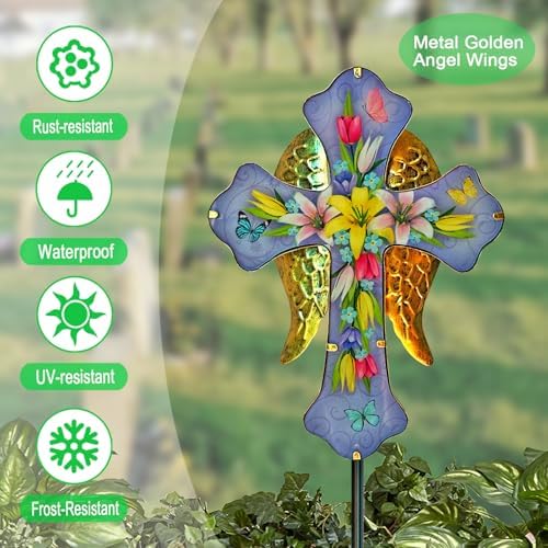 Solar Cross Garden Stakes for Graves,Lily Cemetery Decorations Yard Patio Decor,Golden Angel Wings Cross Lights Outdoor,Remembrance Gifts - Image 2