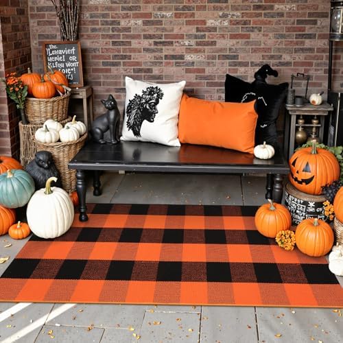 Uphome Bufflo Plaid Outdoor Rug 2'x4.3', Fall Decor Checkered Front Door Mat, Indoor Outdoor Farmhouse Porch Rug for Layered Door Mats, Washable Halloween Black/Orange Runner for Patio Entryway - Image 7