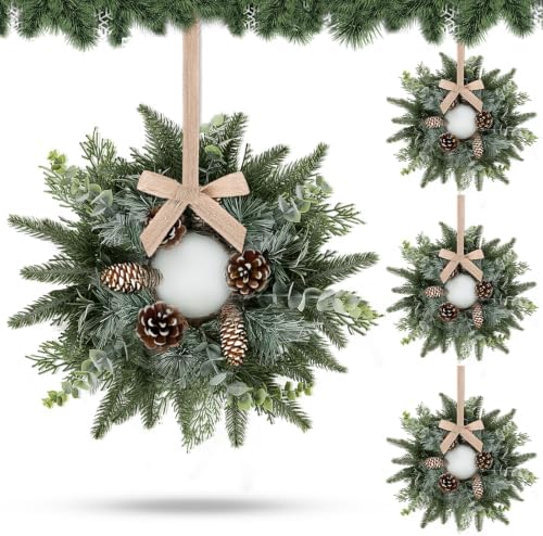 4 PCS Christmas Mini Cabinet Wreaths for Kitchen with Burlap Ribbon Norfolk Snowy Pine Needles Garland Pinecones Artificial Cedar Wreaths for Xmas Front Door Window Home Table Pillar Chair Wall Decor by Unknown