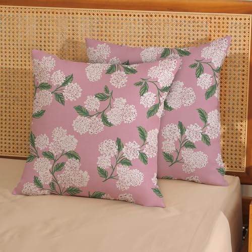 Pink Pillow Covers 18x18 Inch 2 Pcs Preppy Pink Green Hydrangea Flower Decor Throw Pillows Vintage Floral Seasonal Spring Summer Outdoor Decoration Pillowcase Linen Cushion Cover for Couch Sofa - Image 2