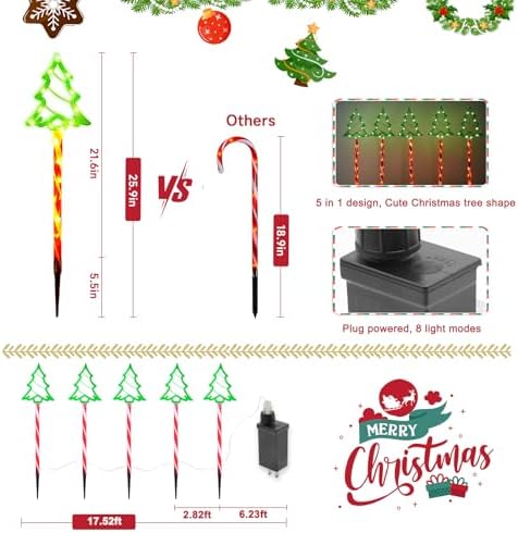Outdoor Christmas Decorations Lights, 5 in 1 Candy Cane Christmas Tree Lights with 8 Modes, Christmas Pathway Lights Outdoor Waterproof, LED Christmas Outside Lights for Yard Path Garden Decor - Image 7