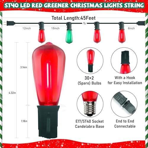 GOOTHY LED ST40 Red and Green Outdoor String Lights, 45FT Patio Lights Waterproof with 30 LED Red Green Shatterproof Bulbs, Hanging Outdoor Light for Home Party Backyard Garden Christmas Decorations - Image 2