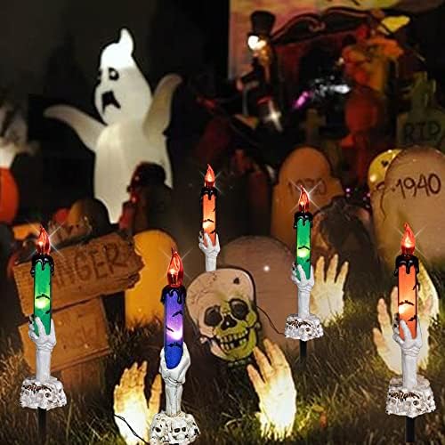 Hourleey Halloween Decorations, 5 Pack Skull Candle Lights with Stakes, Battery Operated Waterproof Pathway Decor with Timer for Indoor Outdoor Front Pathway Lawn Yard Garden - Image 4