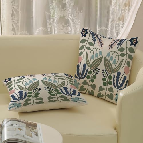 Navy Blue Boho Pillow Covers 20x20 Inch 2 Pcs Sage Green Floral Decor Throw Pillows Vintage Flower Seasonal Spring Summer Outdoor Decoration Pillowcase Linen Cushion Cover for Couch Sofa - Image 4
