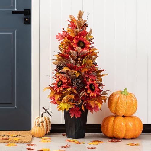 Glitzhome 2 PCS 36”H Fall Porch Tree, Harvest Artificial Porch Tree with Sunflower, Pinecone and Berry Porch & Black Planter, for Autumn Fall Harvest Thanksgiving Christmas Decoration - Image 3