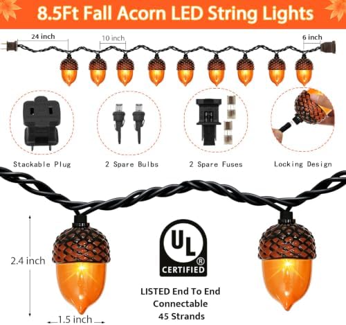 Fall Decor Acorn Fall Lights, 8.5FT 10 LED Acorn String Lights, 3D Acorn Lights Plug in Connectable Indoor Outdoor, Autumn Thanksgiving Harvest for Fall Decorations - Image 2