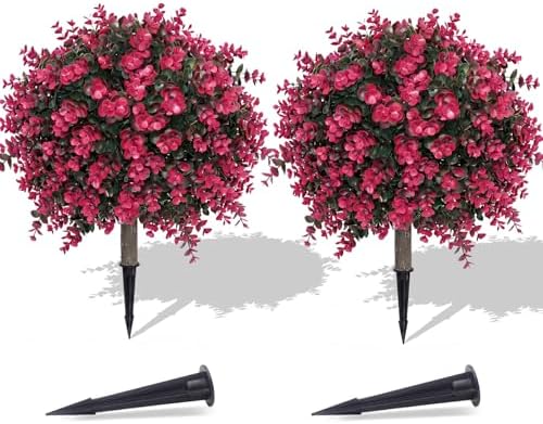 PATIO CHOICE Topiary Trees Artificial Outdoor Boxwood Ball Trees with Ground Spike Set of 2 22" Fake Outdoor Plants Faux Bushes and Shrubs Decorations for Outdoor Indoor Front Porch Garden by LittleBeaver