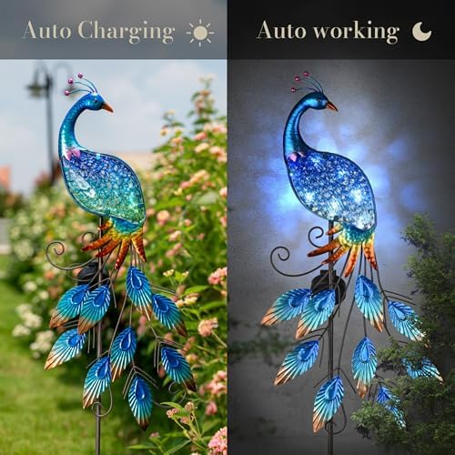 TERESA'S Collections Garden Decor Blue Peacock with Solar Outdoor Lights, 40" Glass Yard Art for Outside, Decorative Metal Stake Outdoor Decor for Lawn Decorations, Patio, Gifts for Mom - Image 4