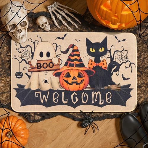 Halloween Welcome Mat for Front Door Cute Ghost Cat Pumpkin Decor 17"x26.8" - Image 4