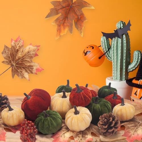 21 PCS Pumpkins Decor Set, 3 Sizes Fake Velvet Pumpkin, Dark Green Brown Gold Small Foam Pumpkins for Fall Harvest Thanksgiving Tiered Tray Centerpiece Bowl Filler Farmhouse Halloween - Image 6