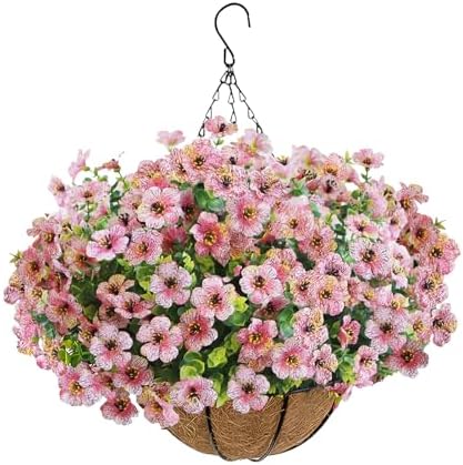 Artificial Hanging Flower Plants with Pot Planter, 12 Bundles Fake Flowers Uv Resistant Artificial Outdoor Flowers for Spring Summer Yard Porch Patio Garden and Home Decoration - Pink by BCBLF