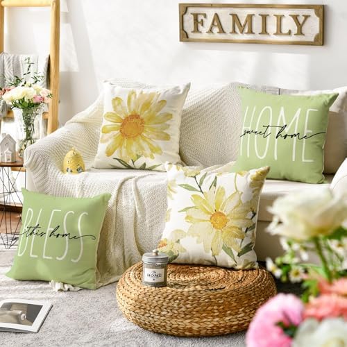 AVOIN colorlife Home Sweet Home Spring Summer Flowers Green Throw Pillow Covers, 16 x 16 Inch Cushion Case for Sofa Couch Set of 4 - Image 2