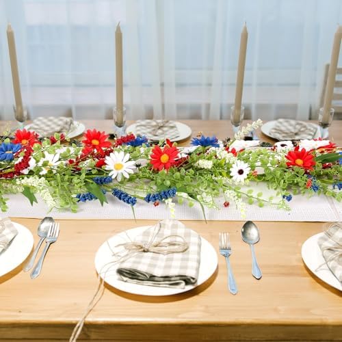 6.56 Ft 4th of July Flower Garland Wreath Patriotic Red Blue White Daisy Vine Garland Artificial Wild Floral Garland for Independence Day Arch Porch Stair Table Indoor Door Home All Year - Image 2