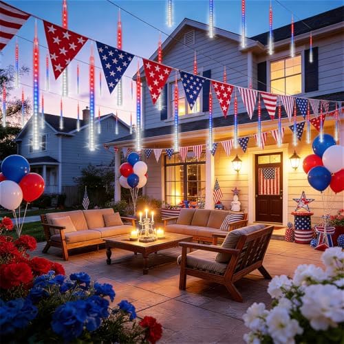 KNONEW 4th of July Solar Lights, USA 250th Anniversary Red White and Blue Solar Lights, 20 Tube 720 LED Waterproof Meteor Shower Lights for Independence National Memorial Day Decor - Image 3