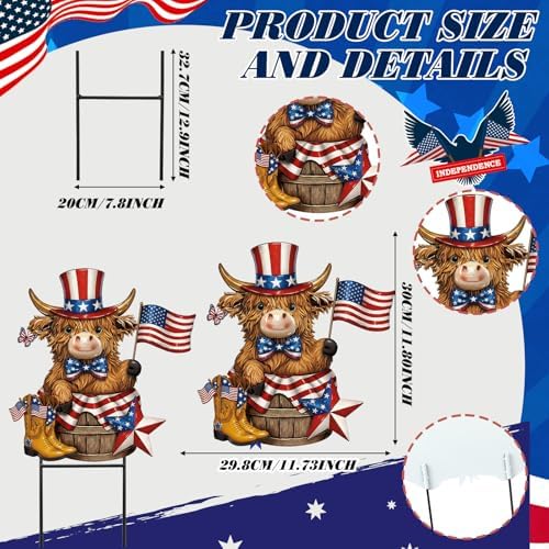 Amyhill 4th of July Highland Cow Outdoor Decor Patriotic Star Metal Garden Stakes Decorative Red White Blue Calf Lovers Yard Signs with Stakes for Independence Day Memorial Day Garden Lawn Decorations - Image 3