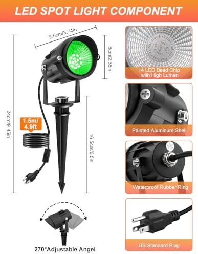 Halloween Green Landscape Lights Outdoor, 14 LED Landscape Lighting with US Plug, IP65 Waterproof Spotlights for Tree Yard Garden Pathway St. Patrick's Day Christmas Decor 4 Pack - Image 2