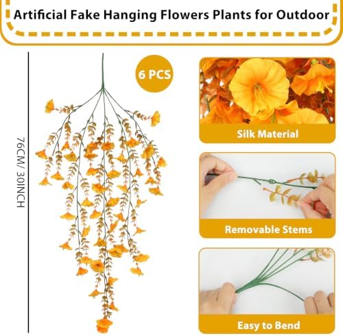 6 Pcs Fall Artificial Hanging Flowers for Outdoors, 30 Inch Golden Yellow Morning Glory Vines UV Resistant Fake Silk Hanging Plants for Garden Porch Patio Window Box Decor - Image 2