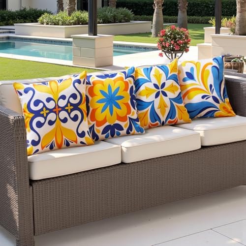 Blue and Orange Outdoor Floral Pillow Covers 18x18 Set of 4 Waterproof, Mediterranean Decor Accent Porch Throw Pillows 18 x 18, Fade Resistant Waterproof Outdoor Pillows for Patio Furniture - Image 7