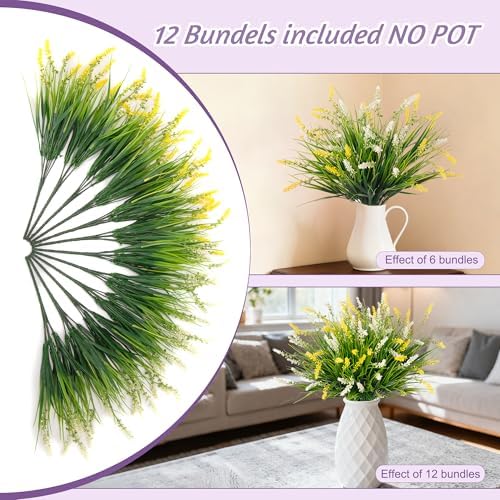 Ammyoo Artificial Faux Plants for Outdoor Spring Decoration, 12 Pcs Fake Monkey Grass for Garden Porch Balcony Planters, Fake Flowers Shrubs UV Resistant No Fade Plants Greenery Bush(Yellow White) - Image 6