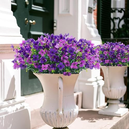INXUGAO Artificial Faux Plants Flowers Outdoor Spring Summer Decoration, 12 Bundles Fake Silk Colorful Daisy Eucalyptus Realistic UV Resistant for Outside Home Planter Porch Patio Yard Decor (Purple) - Image 6