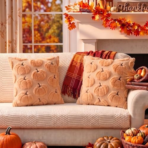 Fall Pillow Covers Pumpkin Fall Decor 16x16 Set of 2 Apricot - Image 7