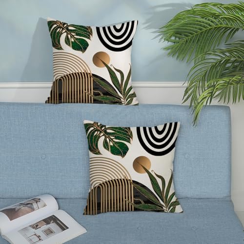 Black Boho Pillow Covers 18x18 Set of 2 Gold Green Leaf Tropical Mid Century Throw Pillows Outdoor Decor Geometric Abstract Modern Decorative Pillow cases Farmhouse Linen Cushion Cases for Couch - Image 4