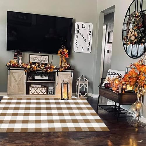 Fall Outdoor Rug Brown and White Buffalo Plaid Rug Cotton Hand-Woven Buffalo Check Rug Layered Doormats for Front Door/Front Porch/Farmhouse/Entryway/Patio - Image 2