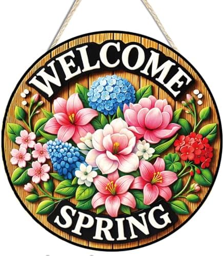 Welcome Spring Floral Wooden Hanging Front Door Sign Wall Decor by Unknown