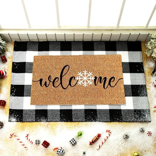 Duraaamo 2 Pcs Winter Coir Doormat Outdoor Snowflake Welcome Winter Rug Mat Layered Buffalo Plaid Snowflake Mat for Christmas Front Porch Entryway - Image 2