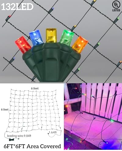 Led Christmas Net Lights for Bushes, 132LED 6FT x 6FT Connectable UL Certified Net Lights for Bushes Tree Shrubs Xmas Trunk Green Wire Christmas Decorations - Image 3